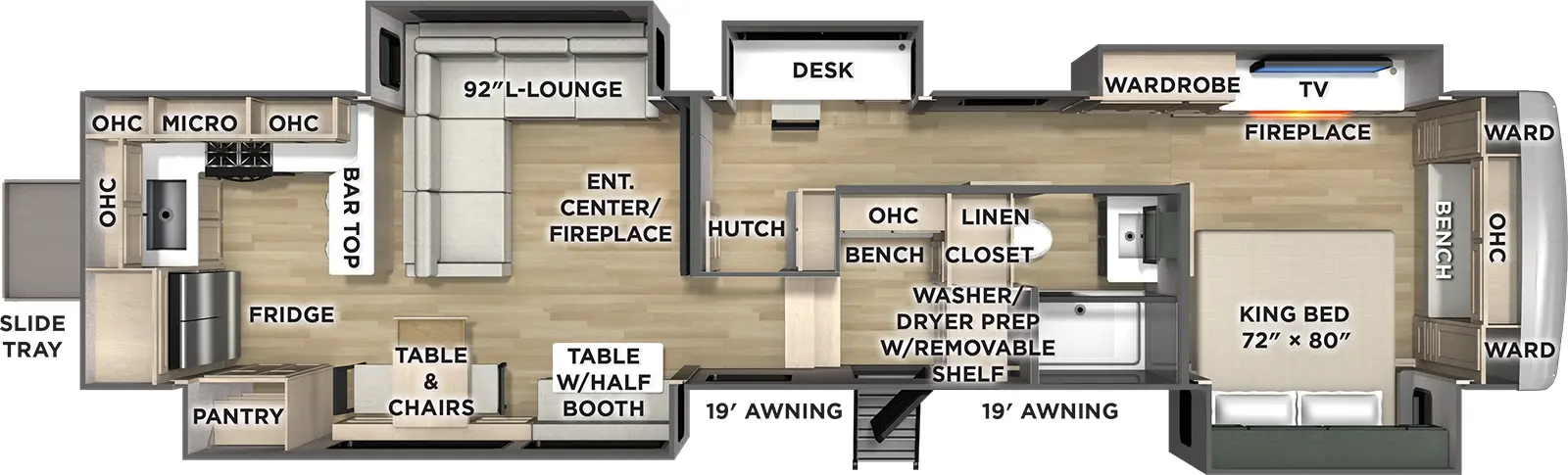 The Puma Grand Mesa 394RKL floorplan has one entry and five slide outs. Exterior features include: fiberglass exterior and 19' & 19' awning. Interiors features include: rear kitchen and front bedroom.